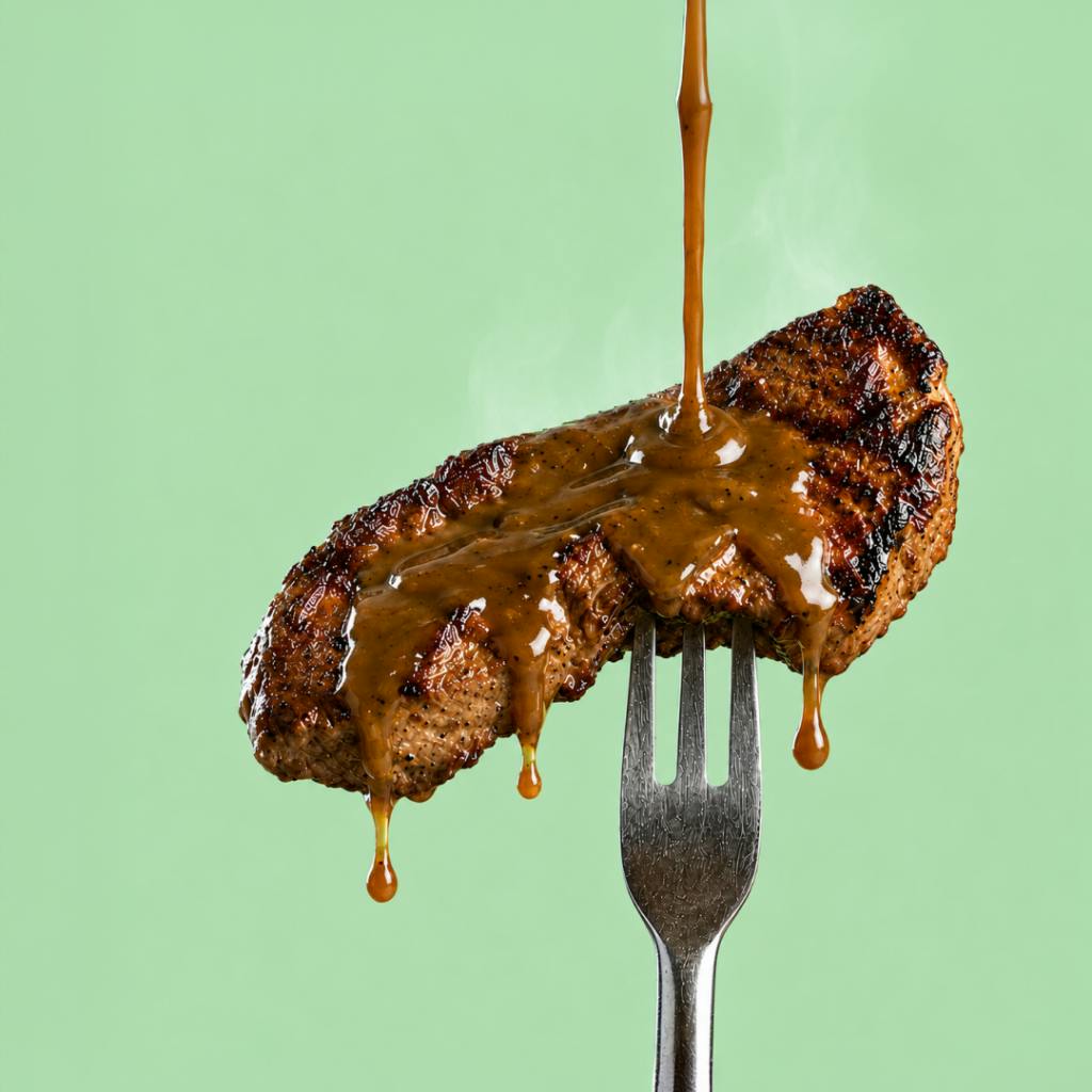 A grilled steak with gravy on a fork against a mint green background, symbolising unpacking the key changes and talking points from the Federal Budget 2026 -27 for businesses and individuals.